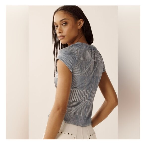 Anthropologie Andie Scoop-Neck Ribbed Henley Top by Pilcro: Shine Edition Size L - Picture 2 of 3